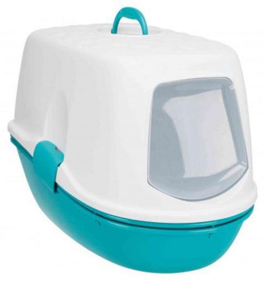 Εικόνα της Berto Top cat litter tray with hood, 39 × 42 × 59 cm, light blue/taupe/granite