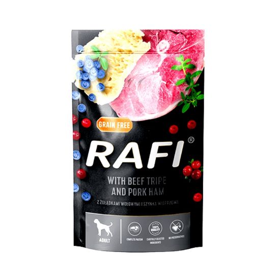 Εικόνα της (10)RAFI pouch for dogs with beef stomachs and pork ham 500g