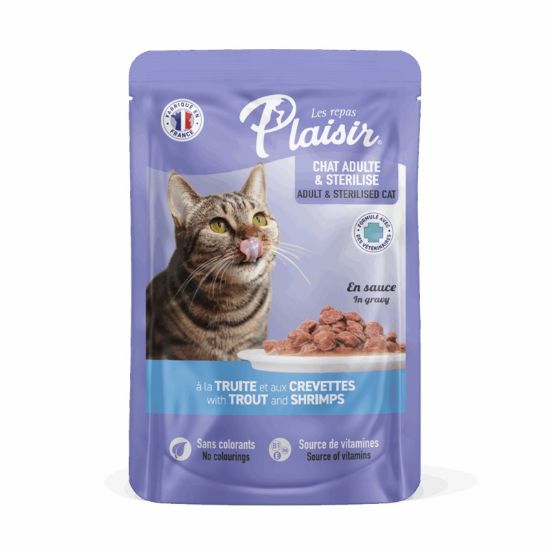 Εικόνα της (22)Plaisir cat POUCH for adults and sterilized cats chunks in gravy with trout & shrimps 100g